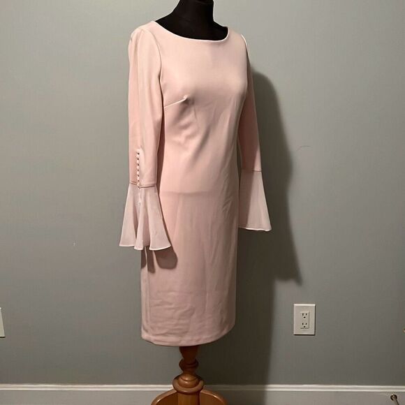 Calvin Klein Women's Pink Lined Bell Sleeve Chiffon Sheath Dress Size 4 NWOT - Picture 6 of 11